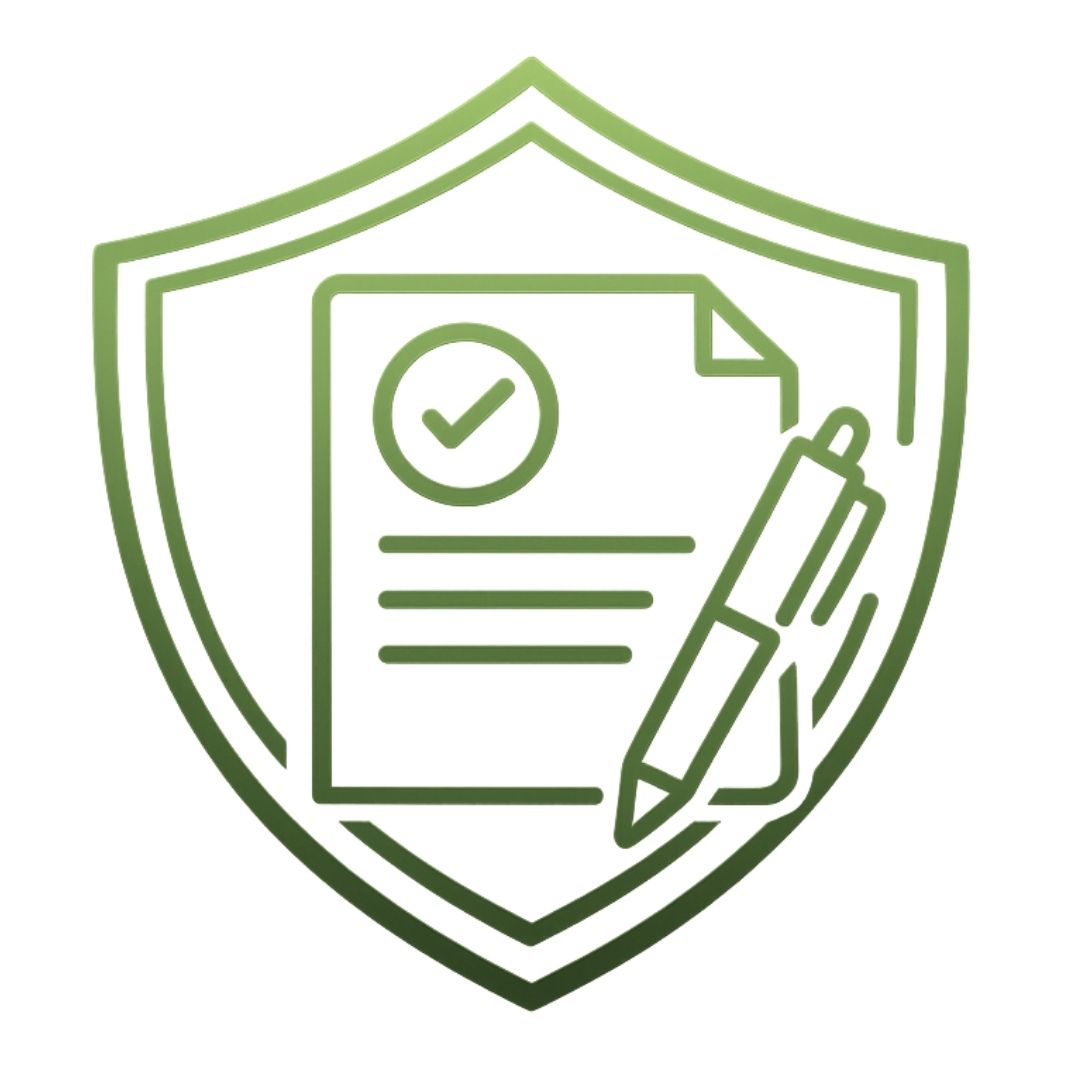 Estate Planning South Africa | Sterling Private Clients Estate Planning South Africa - an outline icon of a document with a pen crossing the lower corner, placed inside or in front of a shield, with a small checkmark or seal on the page.
