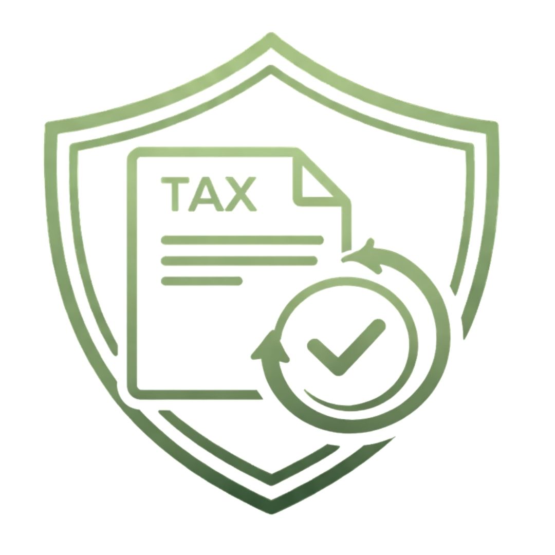 Estate Planning South Africa | Sterling Private Clients Tax Planner - an outline icon of a shield containing a tax document with a checkmark, with a small circular arrow or refresh symbol around one corner of the document.