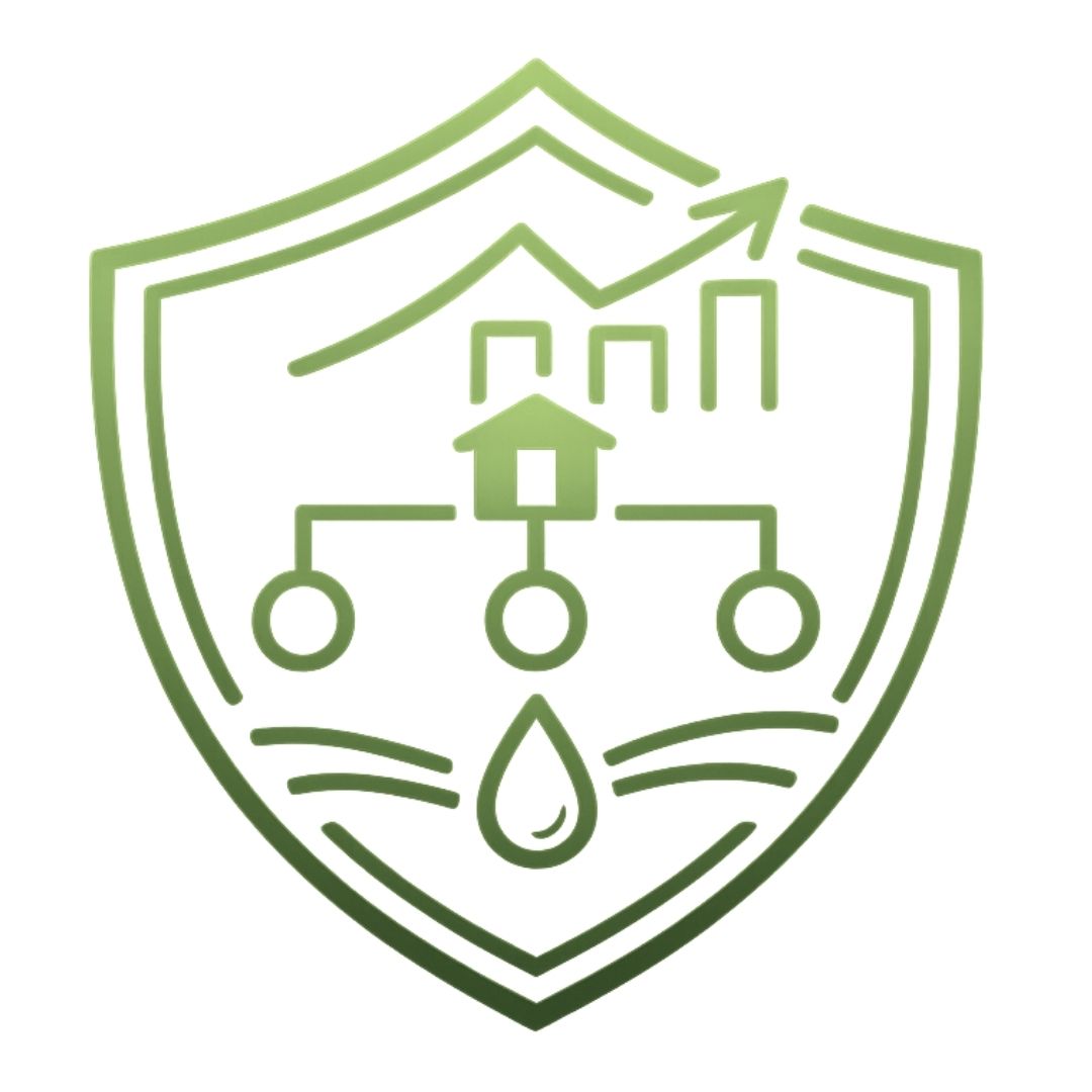 Estate Planning South Africa | Sterling Private Clients Estate Planning South Africa - an outline icon of a shield with a simple connected-node structure in the center, a small upward chart above or beside it, and a single droplet or curved flow mark below.