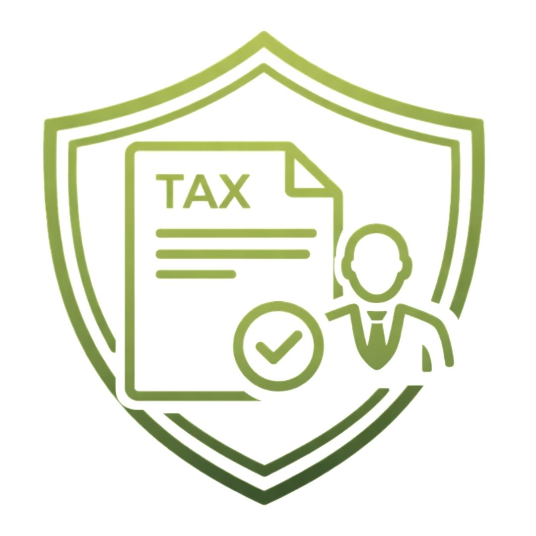 Estate Planning South Africa | Sterling Private Clients Tax Planner - an outline icon of a shield containing a tax document with a checkmark, with a small advisor figure or handshake element beside it.